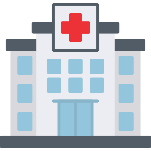 Ilustración de un hospital con una cruz roja en la parte superior.