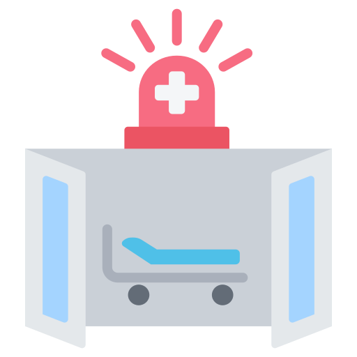 Urgencias Icono de sala de urgencias con camilla y símbolo médico.