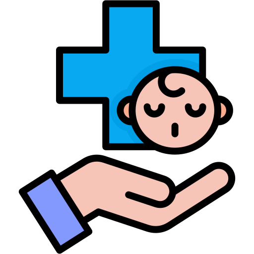 Mano sosteniendo bebé con cruz médica.