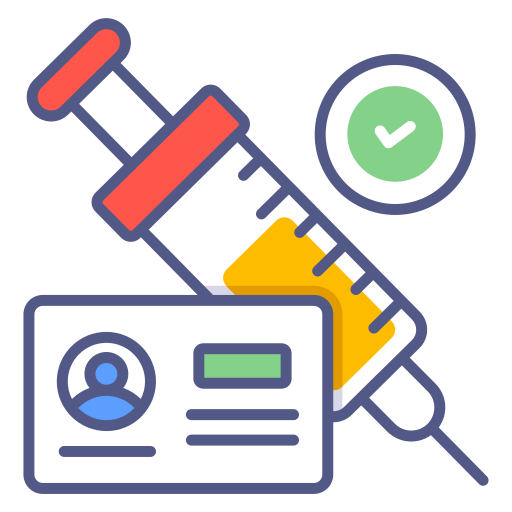 Jeringa con documento e ícono de verificación.
